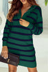Striped O-Ring Zip Front Collared Drop Shoulder Long Sleeve Sweater Dress